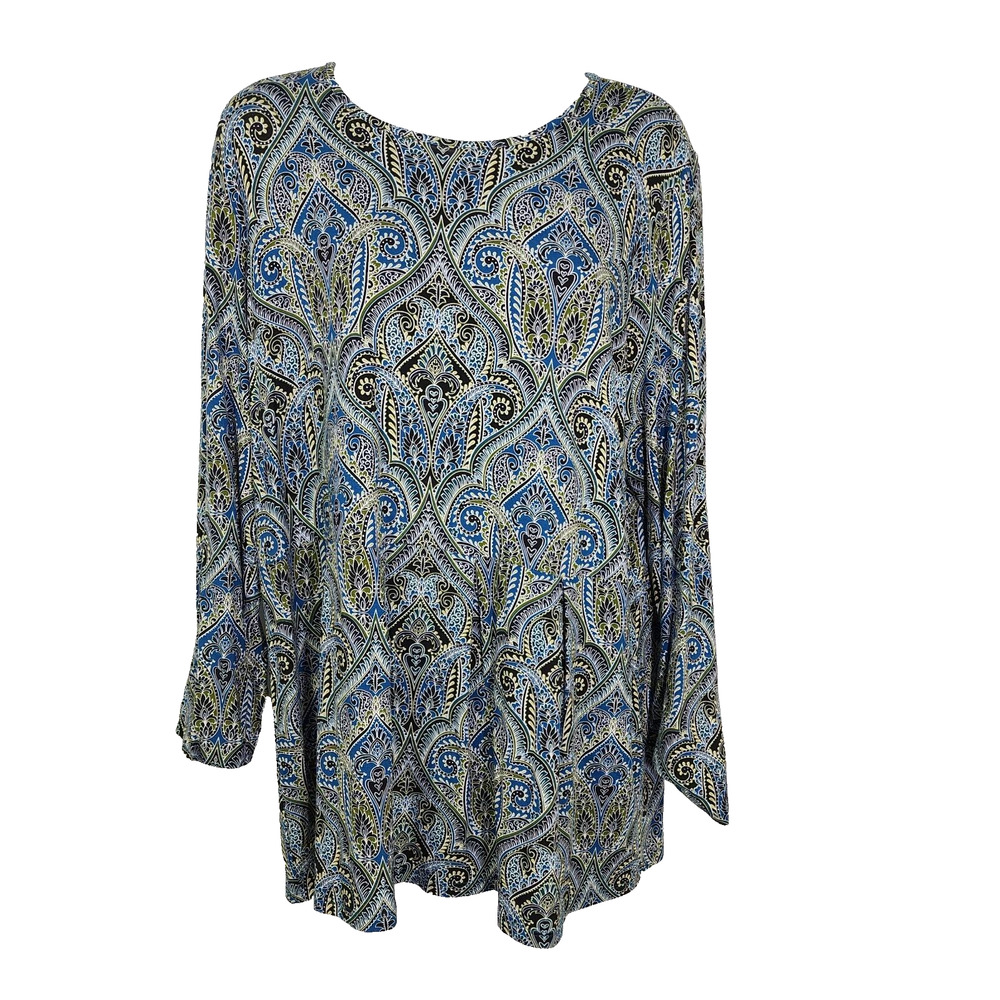 J Jill Wearever Collection Womens Tunic Top L Petite Blue Paisley Long Sleeve